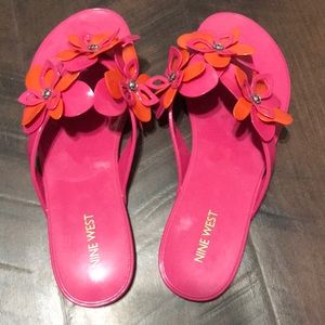 Nine West Pink and Orange Flower Jelly Flip Flops